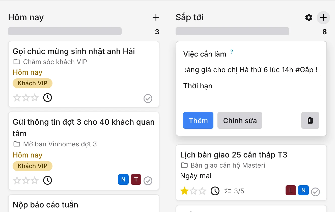 Ô tạo việc nhanh đang gõ tên việc kèm hạn chót